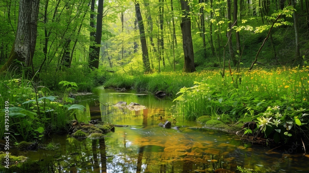 Tranquil Forest Stream with Lush Greenery and Yellow Flowers. Tranquil Forest Stream with Lush Greenery and Yellow Flowers.
