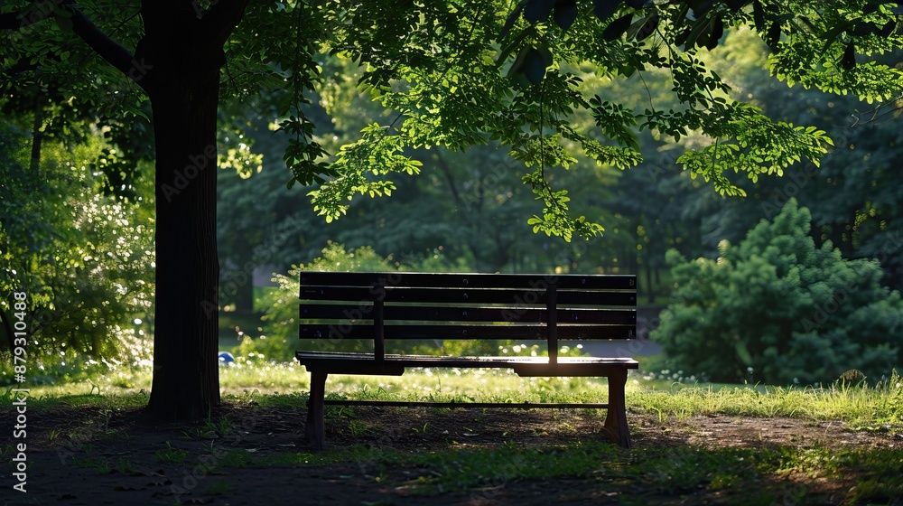 Empty park bench under shady tree in peaceful nature setting with lush green surroundings Empty park bench under shady tree in peaceful nature setting with lush green surroundings