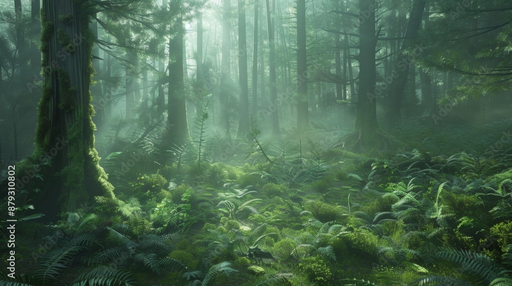 Obraz premium Sunbeams Through Foggy Forest.