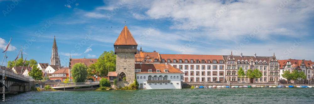 Panoramic view historic Rhine Gate Tower or Rheintorturm in Konstanz at Lake Constance, Germany