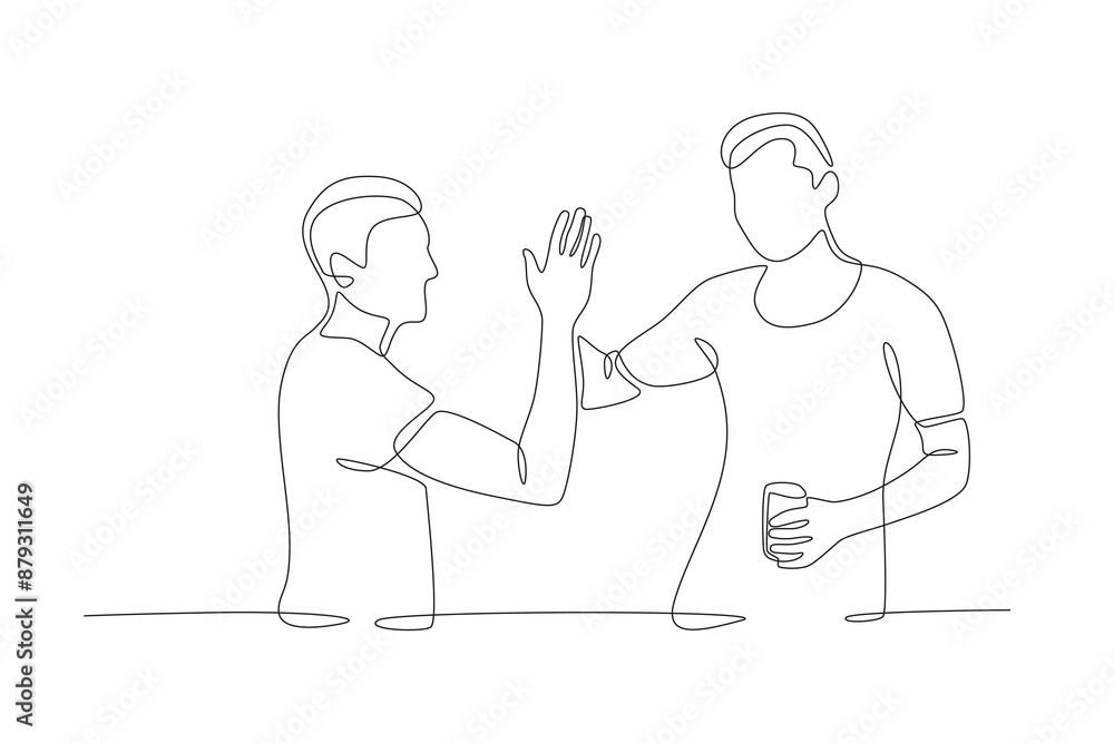 Friends high-fiving each other. Friendship day concept one-line drawing Friends high-fiving each other. Friendship day concept one-line drawing