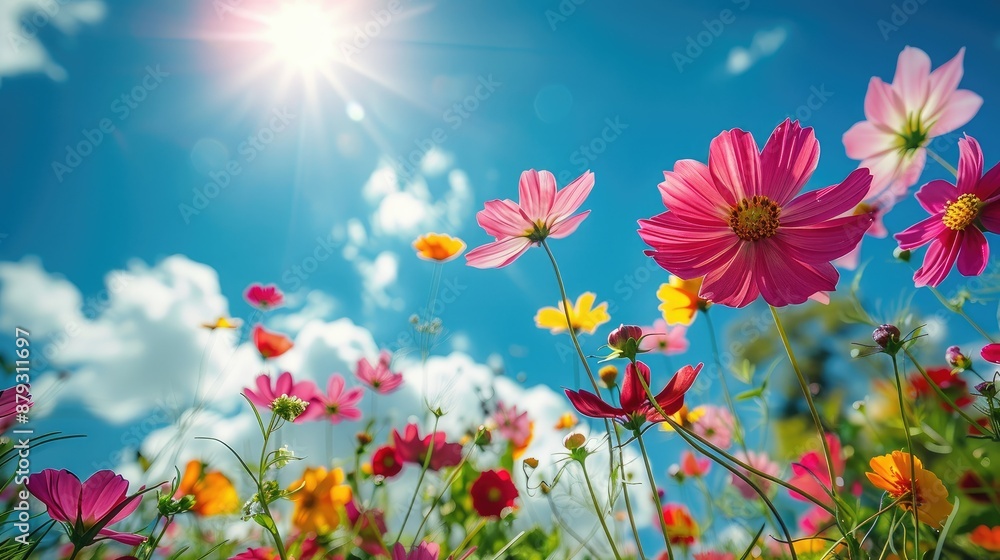 Bright sunlight shining on vibrant flower field Bright sunlight shining on vibrant flower field