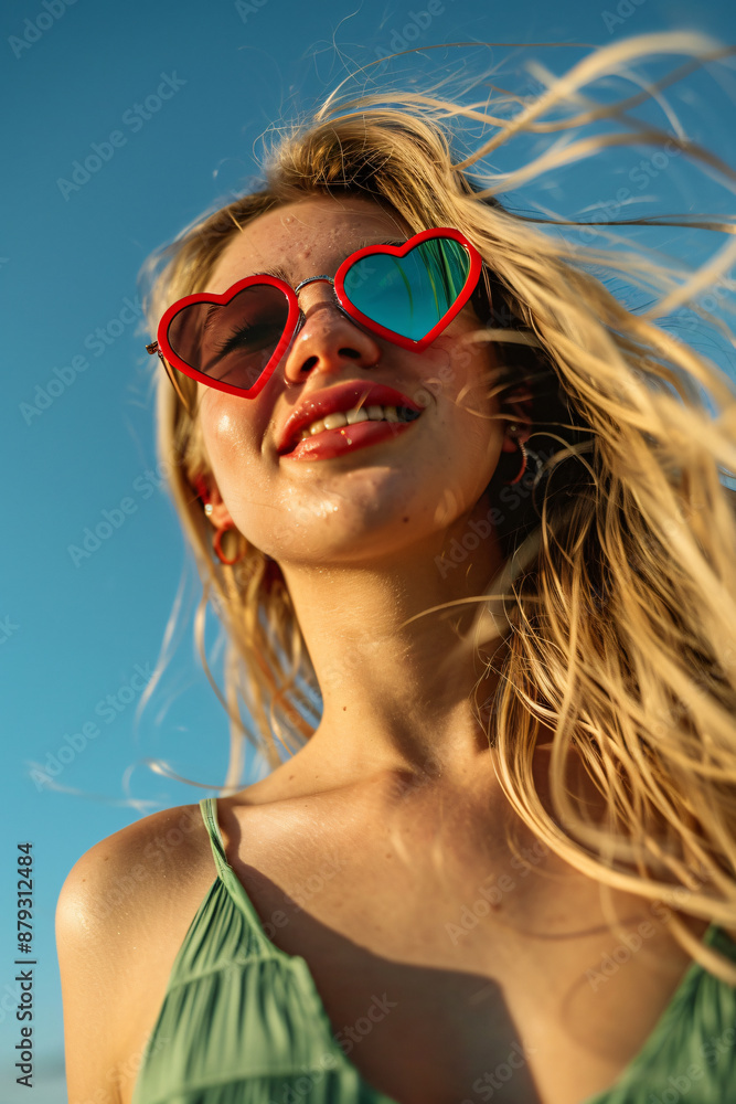 Close up portrait of a happy blonde woman in red heart shaped sunglasses, her long hair blowing in the wind, sunbathing under the blue sky,