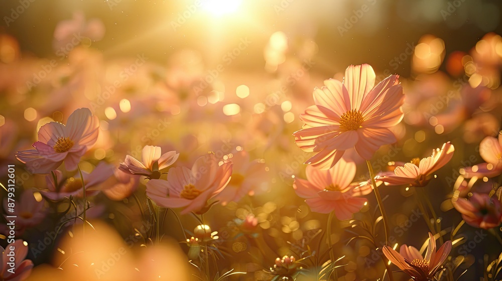 Bright sunlight shining on vibrant flower field Bright sunlight shining on vibrant flower field