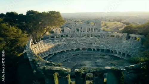 Parisian sunset paints the ancient Roman ruins of the Lutetia amphitheater in a warm glow photo