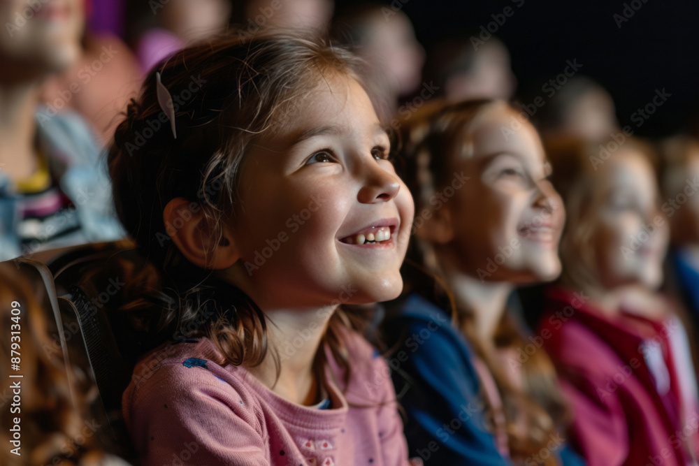 Joyful children seated in the audience, engrossed in a show at a family theater, the focus on the children's faces, bathed in soft natural light. Joyful children seated in the audience, engrossed in a show at a family theater, the focus on the children's faces, bathed in soft natural light.