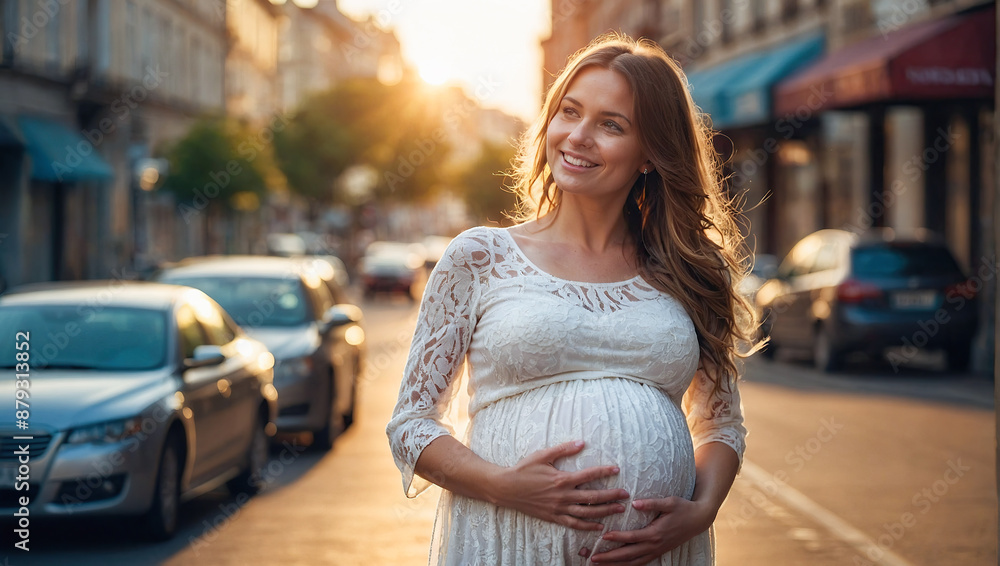 A happy pregnant woman in a white dress stands on a busy street during sunset, lovingly holding her belly. A happy pregnant woman in a white dress stands on a busy street during sunset, lovingly holding her belly.