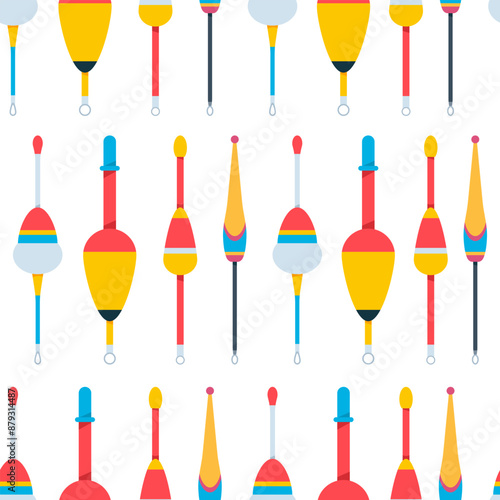 Fishing floats and bobbers vector cartoon seamless pattern.