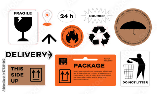 Collection of various patches, labels, tags, stickers, stamps, shipping, delivery, packaging. Funky hipster stickers in 90s style. Vector set, trendy promo labels.