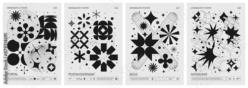 Brutalist style vector minimalistic Posters with silhouette basic figures, Retro futuristic graphic elements of geometrical shapes rave composition, Modern monochrome print artwork, set 67