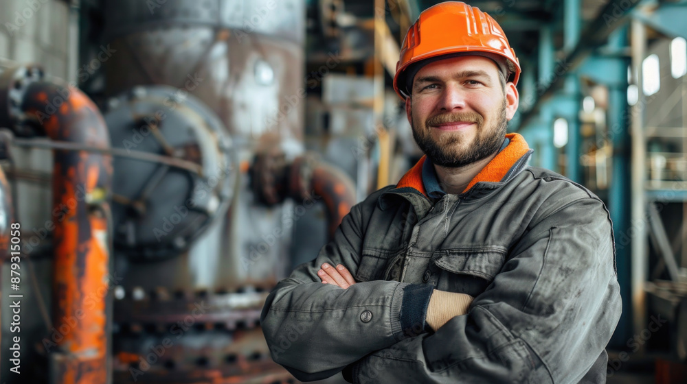 A man in a hard hat and orange jacket is smiling for the camera. He is wearing a safety helmet and is standing in front of a large industrial building A man in a hard hat and orange jacket is smiling for the camera. He is wearing a safety helmet and is standing in front of a large industrial building