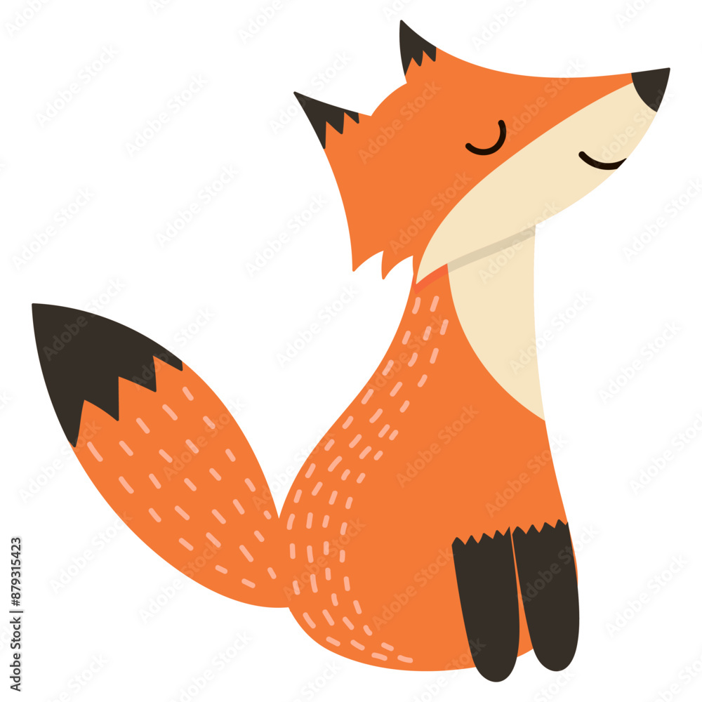 Obraz premium Cute fox in a sitting position. Forest character in cartoon style for kids design. Woodland animal isolated on white background. Vector illustration