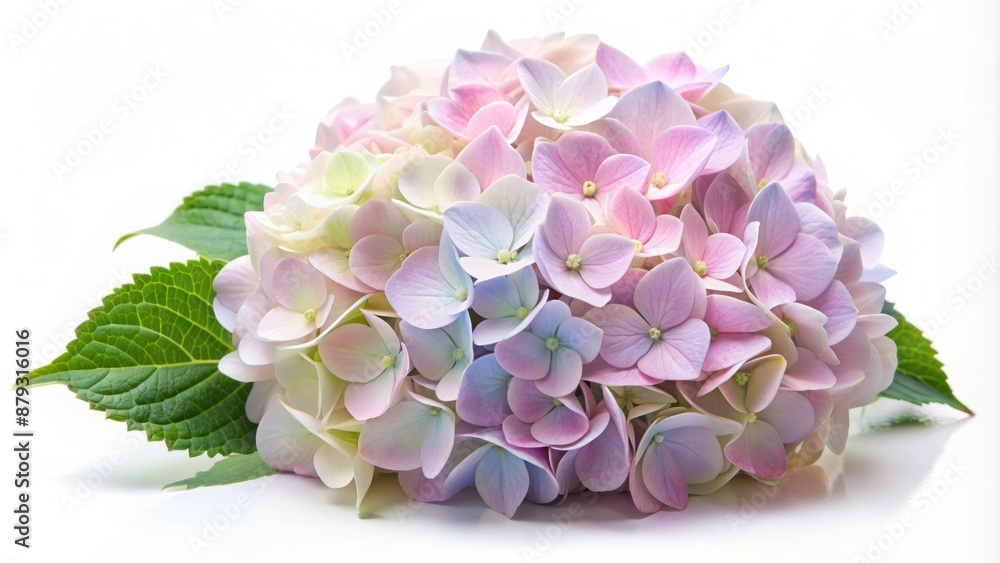 Fototapeta premium Delicate soft-petaled pastel hydrangea flower cluster in gentle bloom, isolated on pristine white background, exuding subtle elegance and serenity.