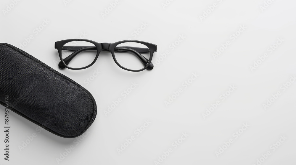 Eyeglasses and its case on white background, showcasing a minimalist and clean setup.