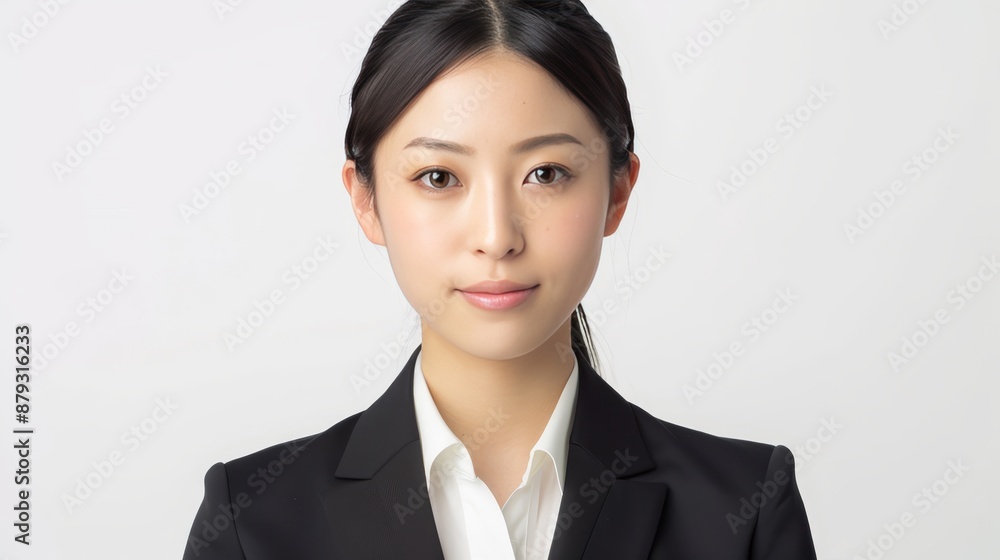 Japanese business passport photo of 27 year old woman with sharp contrasts against white backdrop Japanese business passport photo of 27 year old woman with sharp contrasts against white backdrop