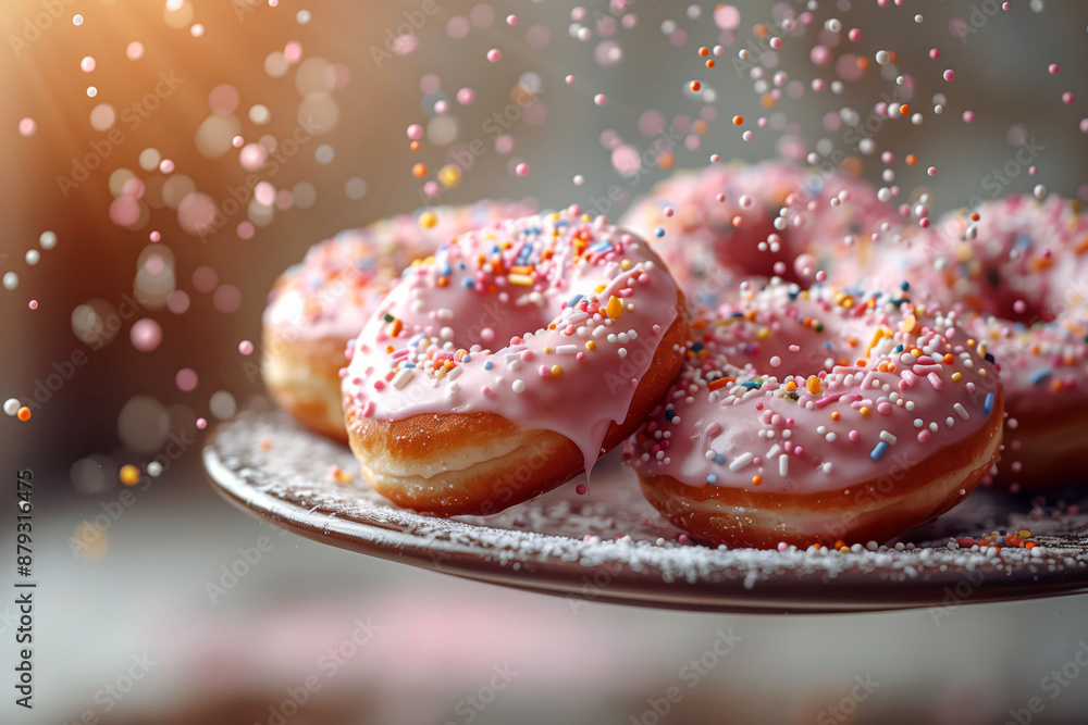 Pink frosted donuts with colorful sprinkles on a plate delicious sweets concept Pink frosted donuts with colorful sprinkles on a plate delicious sweets concept
