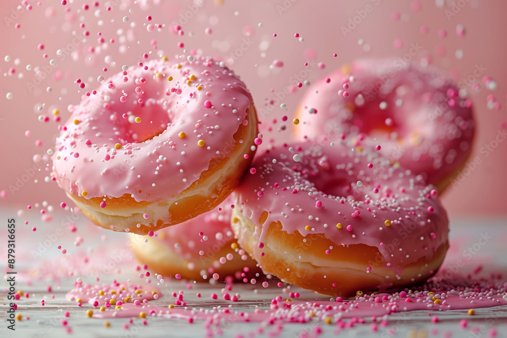 Pink frosted donuts with colorful sprinkles on a pastel background, sweet dessert concept Pink frosted donuts with colorful sprinkles on a pastel background, sweet dessert concept