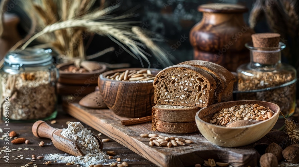 Fototapeta premium Whole grain breads and cereals in rustic kitchen, wholesome diet concept with realistic photo