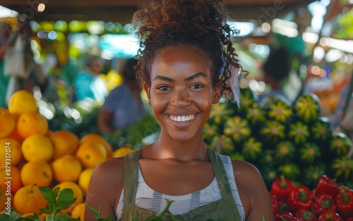 Smiling Woman Selling Fresh Produce at a Bustling Outdoor Market