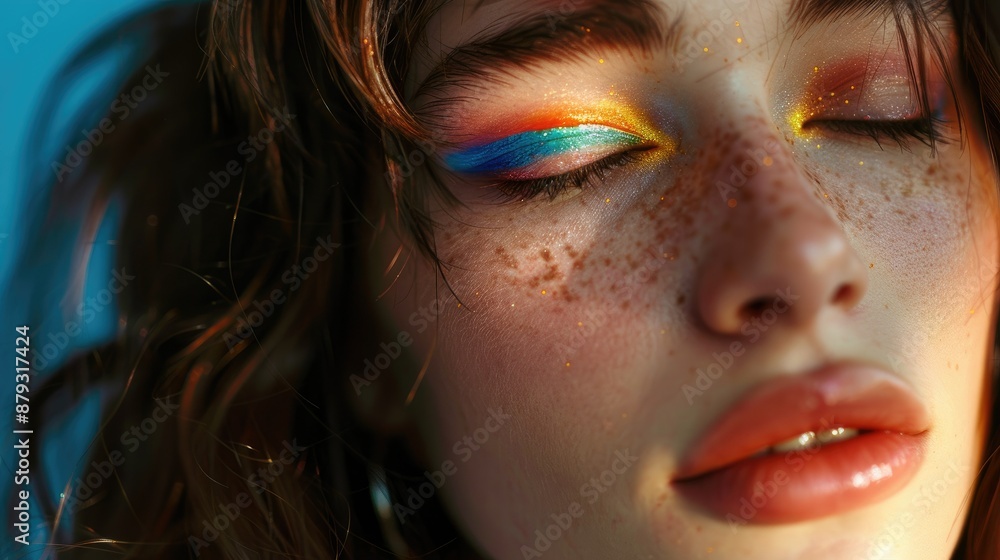 Close-up of woman with rainbow eyeliner eyes Close-up of woman with rainbow eyeliner eyes