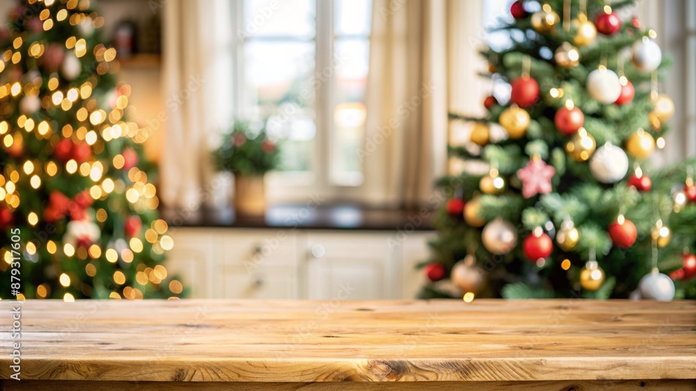 empty wood table top and blur of room with a christmas tree background, suitable for montage product display empty wood table top and blur of room with a christmas tree background, suitable for montage product display