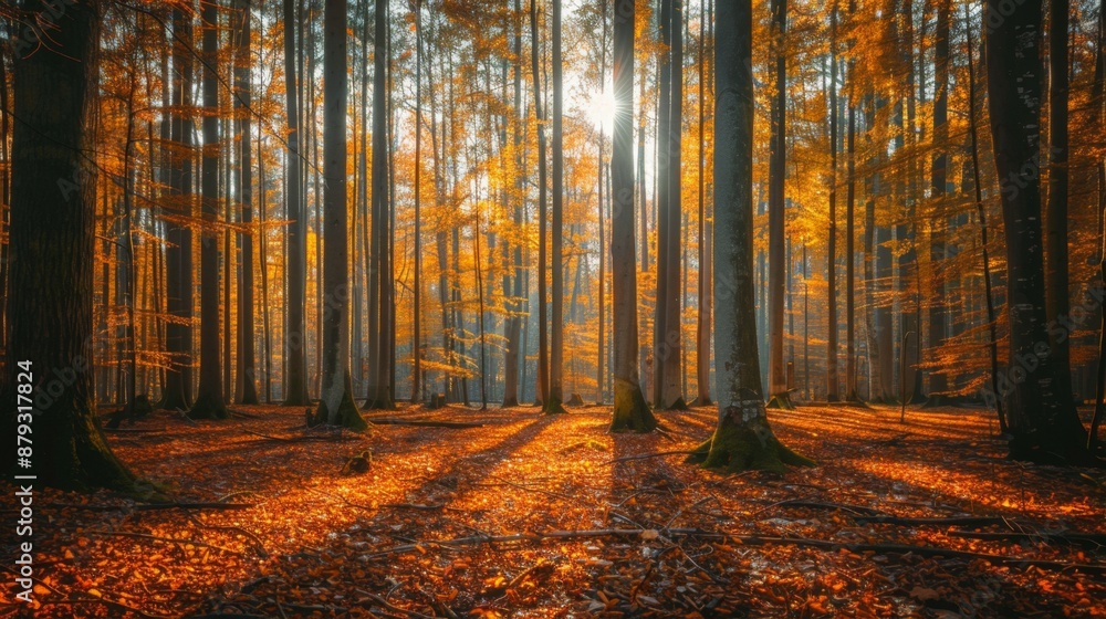 Sunbeams Through Golden Autumn Forest.