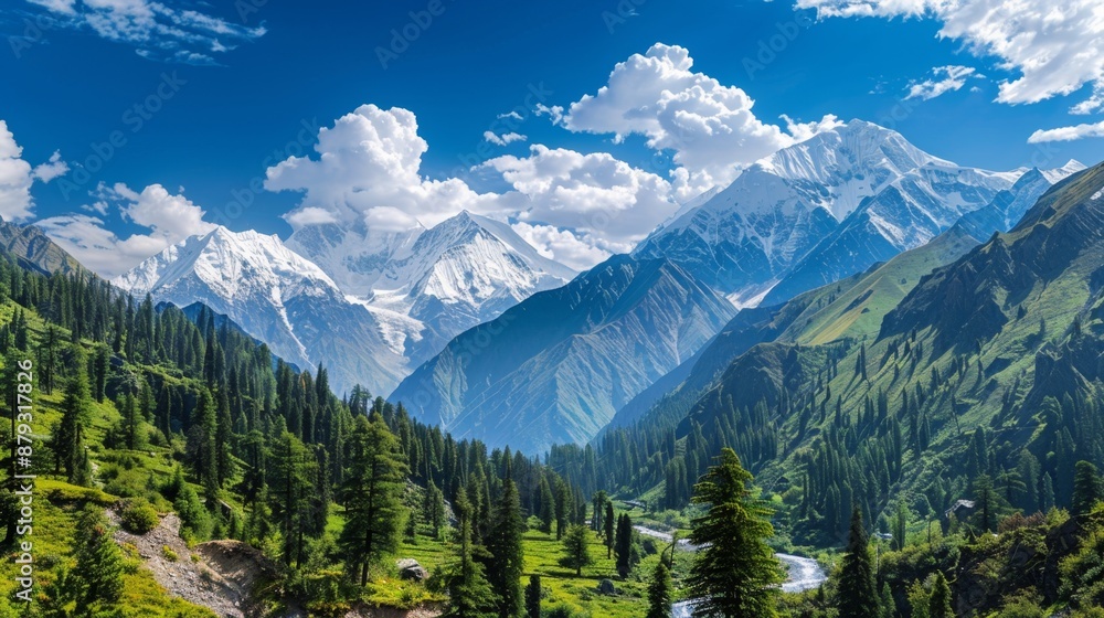 Fototapeta premium Majestic Mountain Range with Lush Green Valley and River.