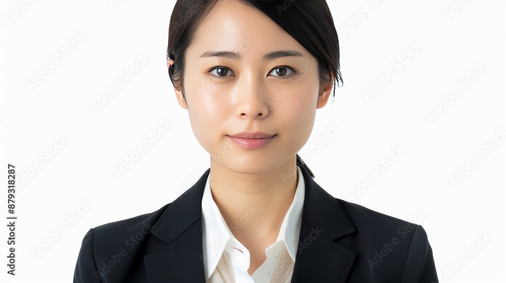 Japanese woman, 27, in business attire with sharp lighting, showcasing passport photo features Japanese woman, 27, in business attire with sharp lighting, showcasing passport photo features