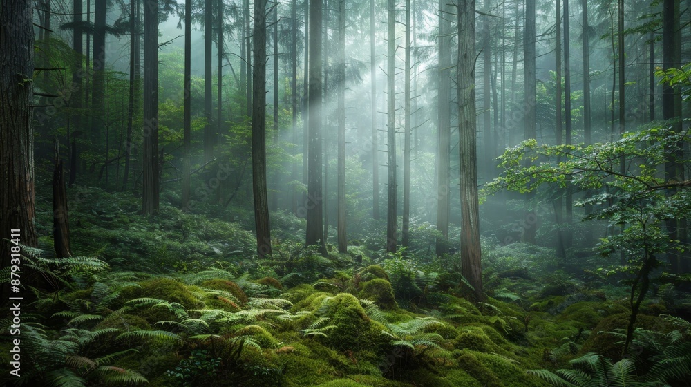 Obraz premium Sun Rays Through Misty Forest.