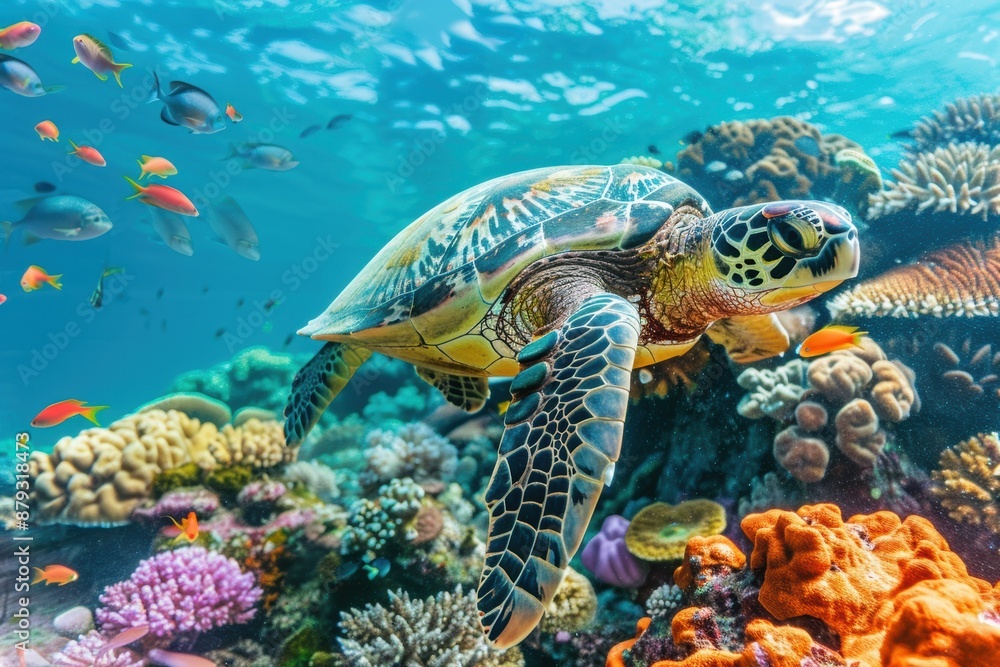 Fototapeta premium A diverse coral reef teeming with colorful fish and sea turtles