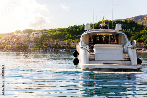 Cuadro en lienzo Scenic back view luxury private yacht boat sail at Croatian bay harbor shore blue turquoise clear water bright summer sunny sunset sunrise morning