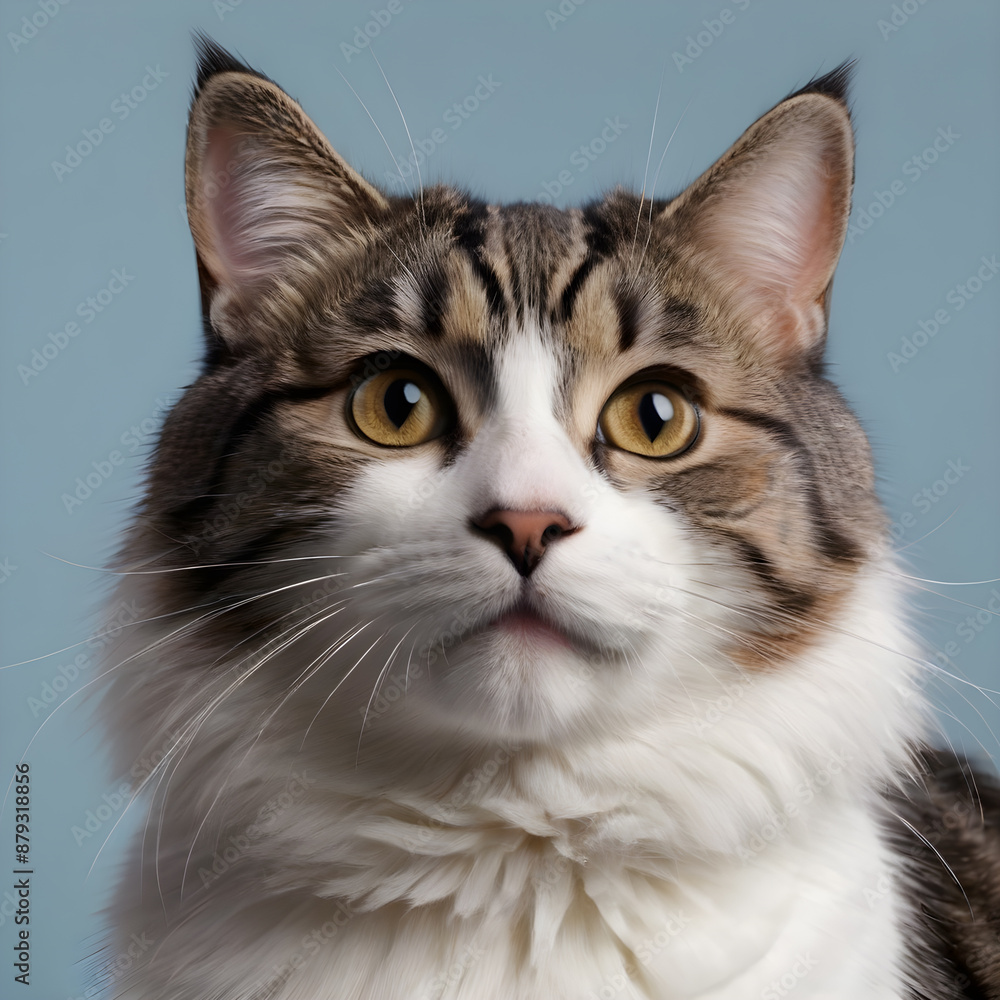 Portrait of a tabby cat with yellow eyes on a blue background Portrait of a tabby cat with yellow eyes on a blue background