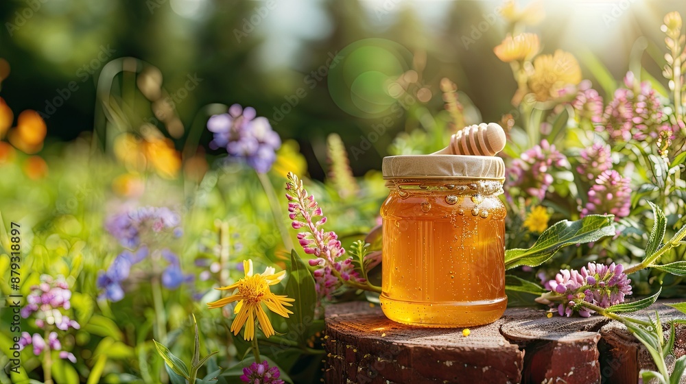 jar with honey on the table and flowers. Selective focus jar with honey on the table and flowers. Selective focus