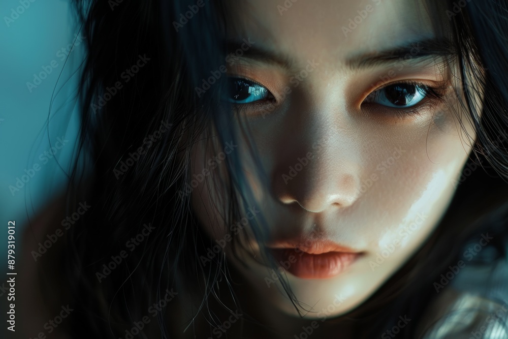 Close-up of a woman's face with striking eyes in a teal-tinted atmosphere. Close-up of a woman's face with striking eyes in a teal-tinted atmosphere.