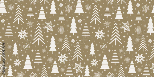 Festive seamless pattern, Christmas decoration. Forest on a golden background. Snow in the forest. White trees and spruces. Vector illustration.