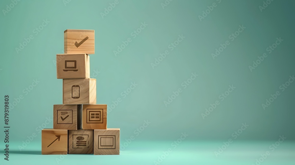 Fototapeta premium Vertical Stack of Wooden Boxes Business Icons on Solid Color Background
