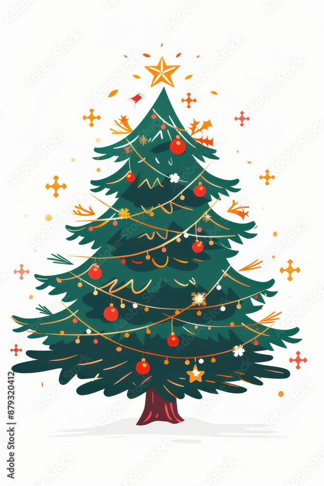 Cute christmas tree illustration with a star on top, decorated with ornaments, garlands, and lights on a white background Cute christmas tree illustration with a star on top, decorated with ornaments, garlands, and lights on a white background