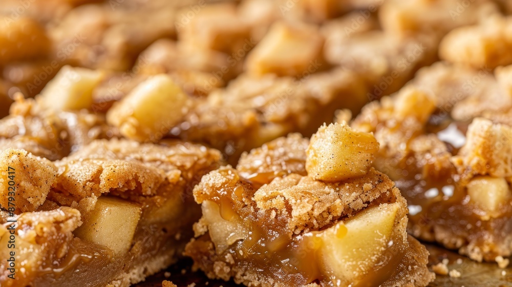 Caramel apple cookie bars close up with soft base, caramel chunks, diced apples realistic photo Caramel apple cookie bars close up with soft base, caramel chunks, diced apples realistic photo