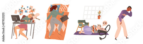 Exhausted Tired People Character with Burnout Syndrome Vector Set