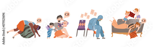 Exhausted Tired People Character with Burnout Syndrome Vector Set