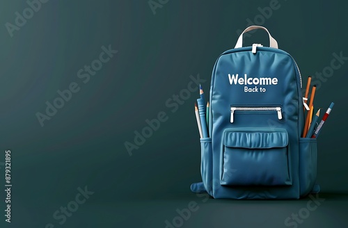 3d rendering of blue backpack with school supplies inside and 