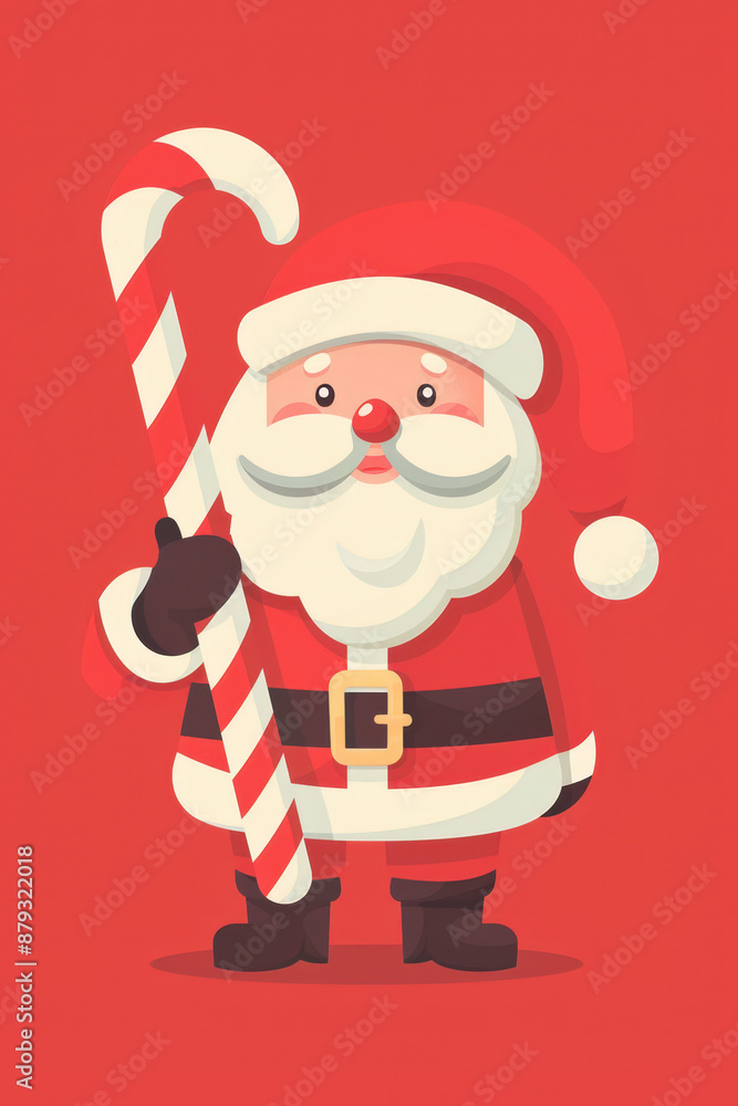 Santa claus joyfully holds a candy cane against a red background, embodying the festive holiday spirit with his iconic white beard and red hat. Spread happiness with this cute christmas image! Santa claus joyfully holds a candy cane against a red background, embodying the festive holiday spirit with his iconic white beard and red hat. Spread happiness with this cute christmas image!