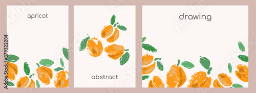 Organic food fruit apricots flyers,banners templates set.Crayons pastel hand drawn fruits simple modern minimal style.Abstract art for products presentation,print, poster,templates,cover design.Vector
