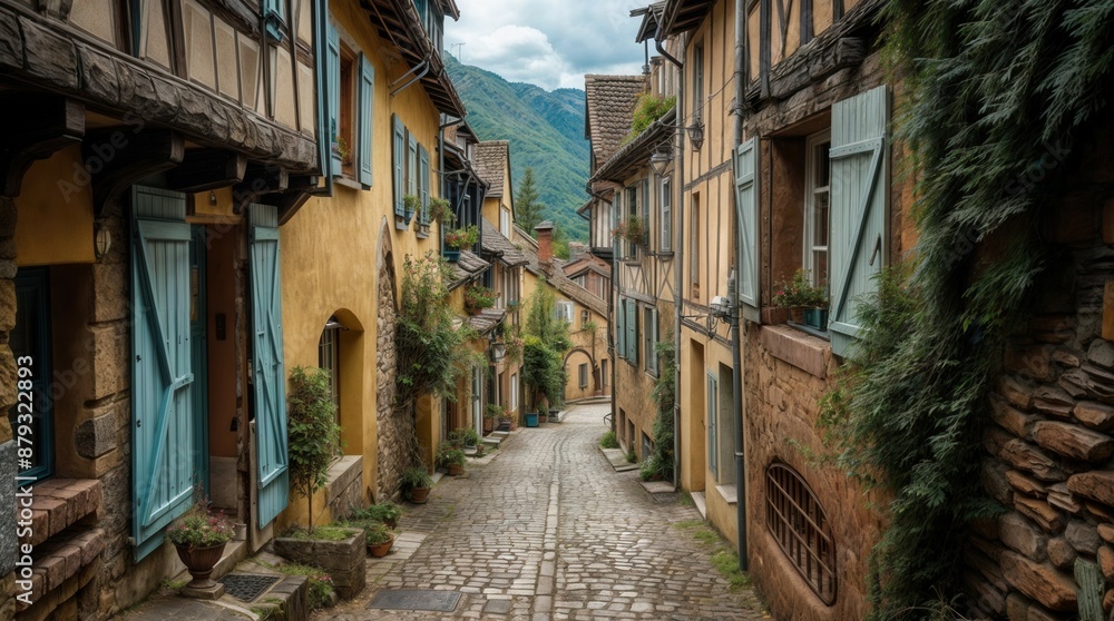 Fototapeta premium Flowery streets on a rainy spring day in a small magical village
