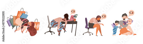 Exhausted Tired People Character with Burnout Syndrome Vector Set