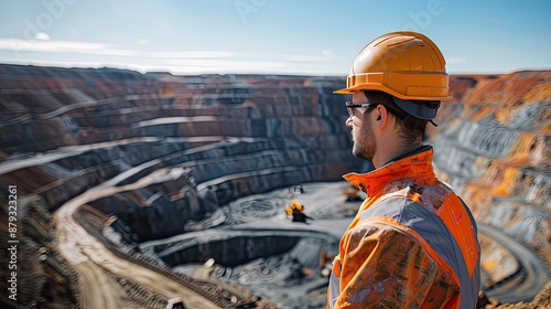 A mining engineer wearing a hard hat and reflective vest surveys a large open-pit mine, ensuring safety and operational efficiency during a sunny day photo