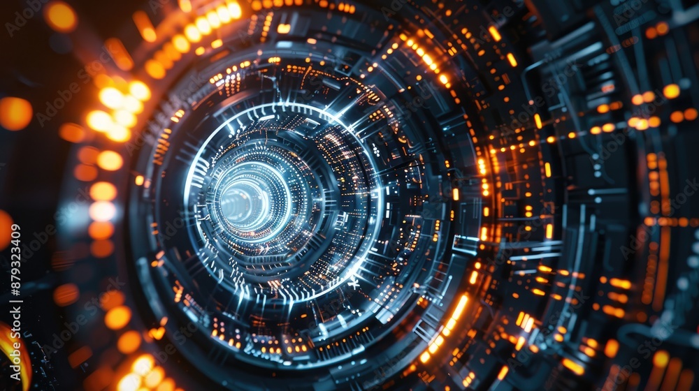 A futuristic data tunnel with bright orange and blue lights creating a dynamic and high-tech visual, symbolizing fast digital connections