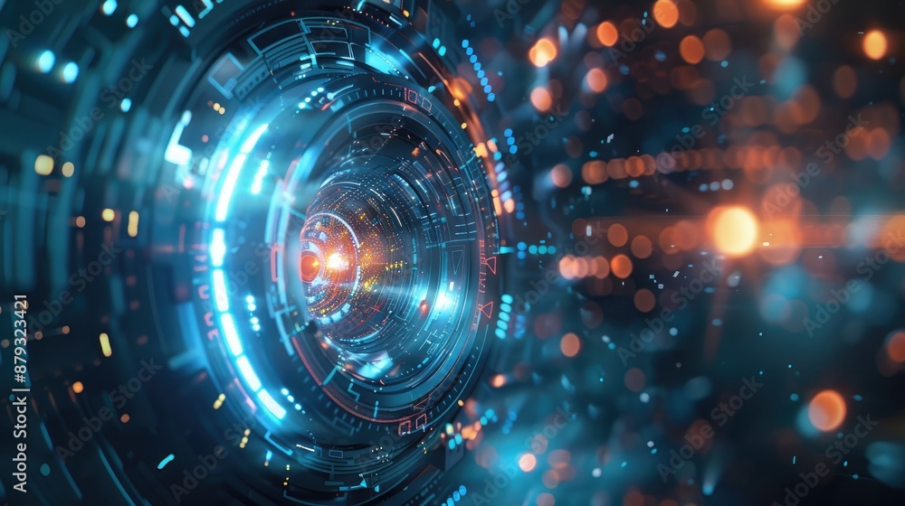 A high-tech tunnel with glowing blue and orange lights creating a futuristic and dynamic atmosphere, representing advanced technology A high-tech tunnel with glowing blue and orange lights creating a futuristic and dynamic atmosphere, representing advanced technology