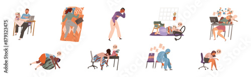 Exhausted Tired People Character with Burnout Syndrome Vector Set