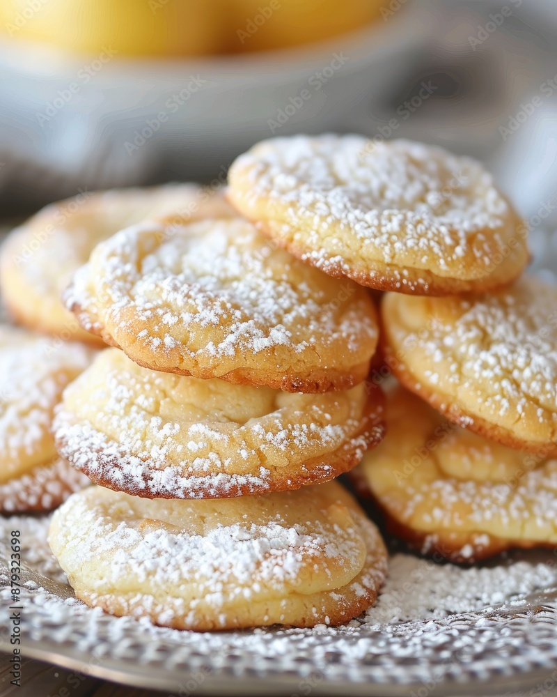 A plate of freshly baked lemon cookies dusted with powdered sugar, looking delicious and inviting A plate of freshly baked lemon cookies dusted with powdered sugar, looking delicious and inviting